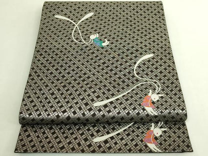平和屋本店●極上　世界的人形師　辻村寿三郎　ジュサブロー　六通柄袋帯　兎　憲法黒茶色地　銀糸　逸品　DZAB6891kh6