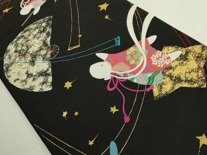 平和屋本店●極上　世界的人形師　辻村寿三郎　ジュサブロー　六通柄袋帯　花兎　星空　黒地　金糸　逸品　DZAB6895kh6