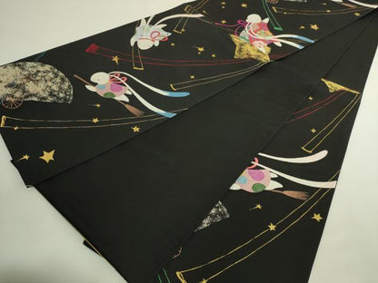 平和屋本店●極上　世界的人形師　辻村寿三郎　ジュサブロー　六通柄袋帯　花兎　星空　黒地　金糸　逸品　DZAB6895kh6