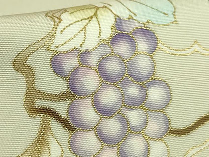 平和屋本店●極上　岡重謹製　OKAJIMA　塩瀬　九寸名古屋帯　葡萄蔦の葉文　金彩　砂色地　逸品　DZAB6897kh6