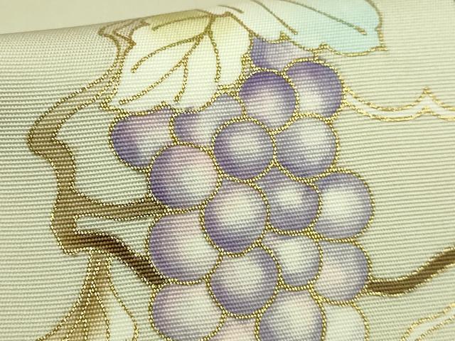 平和屋本店●極上　岡重謹製　OKAJIMA　塩瀬　九寸名古屋帯　葡萄蔦の葉文　金彩　砂色地　逸品　DZAB6897kh6