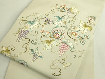 平和屋本店●極上　岡重謹製　OKAJIMA　塩瀬　九寸名古屋帯　葡萄蔦の葉文　金彩　砂色地　逸品　DZAB6897kh6
