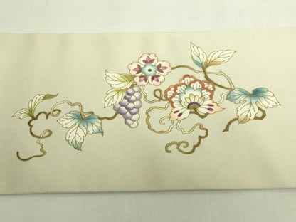 平和屋本店●極上　岡重謹製　OKAJIMA　塩瀬　九寸名古屋帯　葡萄蔦の葉文　金彩　砂色地　逸品　DZAB6897kh6