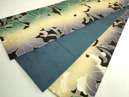 平和屋着物●極上　全通柄袋帯　百合　黒地　金彩　金通し地　逸品　DZAB6905kh6