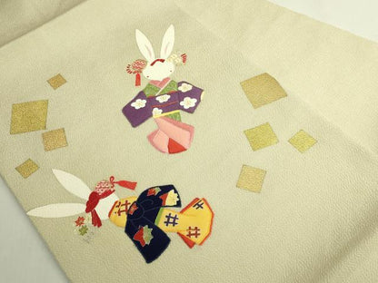 平和屋本店●極上　人形作家・ホリヒロシ　九寸名古屋帯　刺繍　押し絵　貼り絵　兎　金糸　鬼しぼ縮緬　ますいわ屋扱い　逸品 DZAB6918kh6
