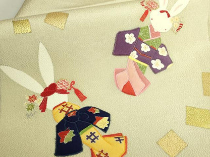 平和屋本店●極上　人形作家・ホリヒロシ　九寸名古屋帯　刺繍　押し絵　貼り絵　兎　金糸　鬼しぼ縮緬　ますいわ屋扱い　逸品 DZAB6918kh6