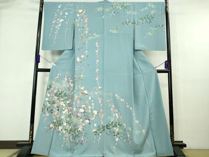 平和屋本店●極上　十日町友禅作家　一梗　訪問着　松　椿　浅縹色地　逸品　DZAB6958kh6