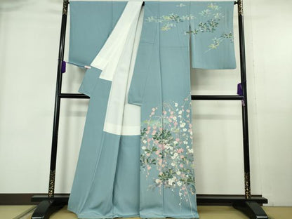 平和屋本店●極上　十日町友禅作家　一梗　訪問着　松　椿　浅縹色地　逸品　DZAB6958kh6