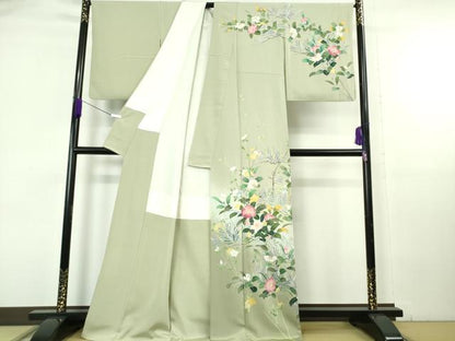 平和屋本店●極上　訪問着　友禅　作家物　枝椿　松花文　柳茶色地　暈し染め　逸品　DZAB6959kh6
