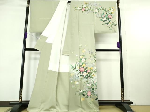 平和屋本店●極上　訪問着　友禅　作家物　枝椿　松花文　柳茶色地　暈し染め　逸品　DZAB6959kh6