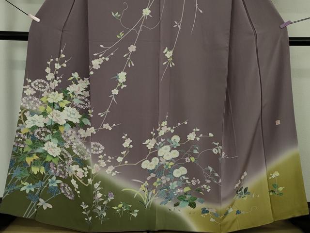 平和屋本店●極上　訪問着　友禅　作家物　四季花文　葡萄鼠色地　暈し染め　逸品　DZAB6960kh6