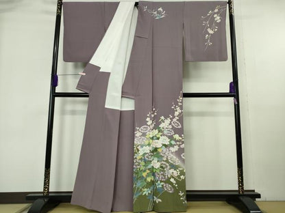 平和屋本店●極上　訪問着　友禅　作家物　四季花文　葡萄鼠色地　暈し染め　逸品　DZAB6960kh6