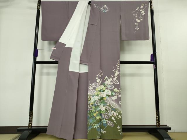 平和屋本店●極上　訪問着　友禅　作家物　四季花文　葡萄鼠色地　暈し染め　逸品　DZAB6960kh6