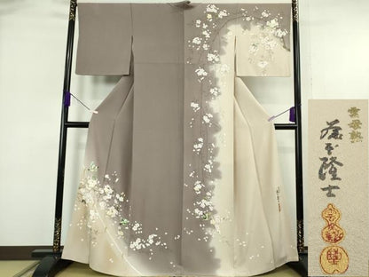 平和屋本店●極上　螺鈿作家　藤本隆士　雲母塾　訪問着　枝花に小鳥　暈し染め　金彩　逸品　DZAB6961kh6