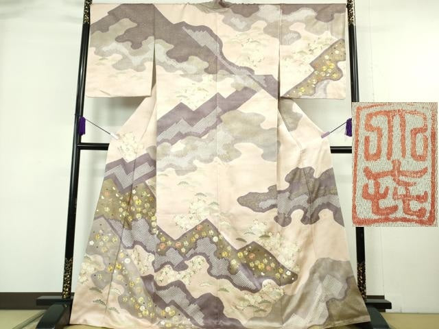 平和屋本店●極上　十日町 名門青柳高級ブランド　大喜百花　訪問着　駒刺繍　霞菊松花文　洗柿色地　金糸　逸品　DZAB6962kh6