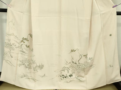 平和屋本店●極上　友禅工房　下島緑傘　友禅作家　下島宏　訪問着　刺繍　水辺風景　薄卵色地　縮緬地　金糸　逸品　DZAB6963kh6