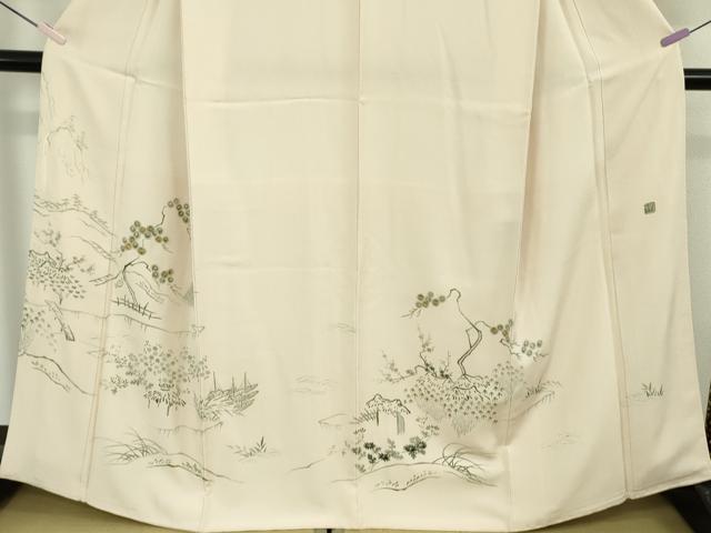 平和屋本店●極上　友禅工房　下島緑傘　友禅作家　下島宏　訪問着　刺繍　水辺風景　薄卵色地　縮緬地　金糸　逸品　DZAB6963kh6