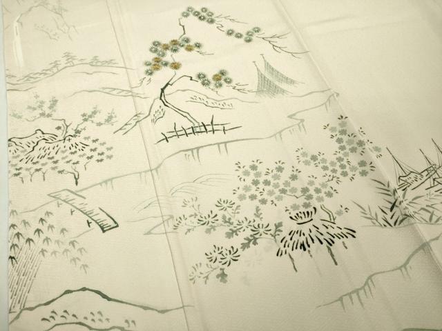 平和屋本店●極上　友禅工房　下島緑傘　友禅作家　下島宏　訪問着　刺繍　水辺風景　薄卵色地　縮緬地　金糸　逸品　DZAB6963kh6