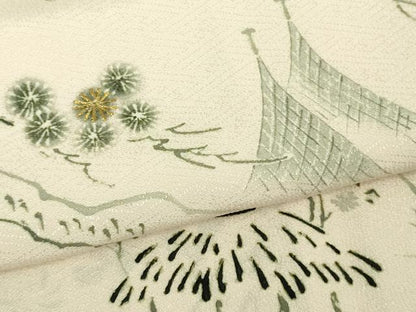 平和屋本店●極上　友禅工房　下島緑傘　友禅作家　下島宏　訪問着　刺繍　水辺風景　薄卵色地　縮緬地　金糸　逸品　DZAB6963kh6