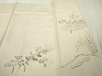 平和屋本店●極上　友禅工房　下島緑傘　友禅作家　下島宏　訪問着　刺繍　水辺風景　薄卵色地　縮緬地　金糸　逸品　DZAB6963kh6