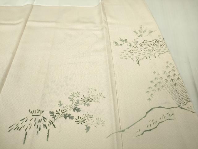 平和屋本店●極上　友禅工房　下島緑傘　友禅作家　下島宏　訪問着　刺繍　水辺風景　薄卵色地　縮緬地　金糸　逸品　DZAB6963kh6