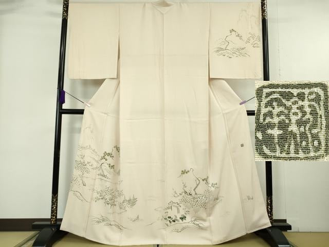 平和屋本店●極上　友禅工房　下島緑傘　友禅作家　下島宏　訪問着　刺繍　水辺風景　薄卵色地　縮緬地　金糸　逸品　DZAB6963kh6