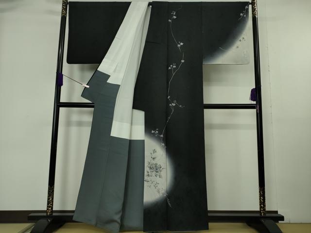 平和屋着物●極上　森英恵・HANAE MORI　訪問着　蔦の葉花文　暈し染め　黒地　逸品　DZAB6965kh6
