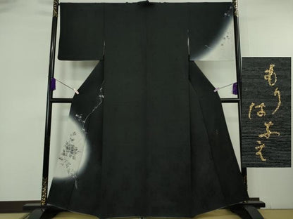 平和屋着物●極上　森英恵・HANAE MORI　訪問着　蔦の葉花文　暈し染め　黒地　逸品　DZAB6965kh6