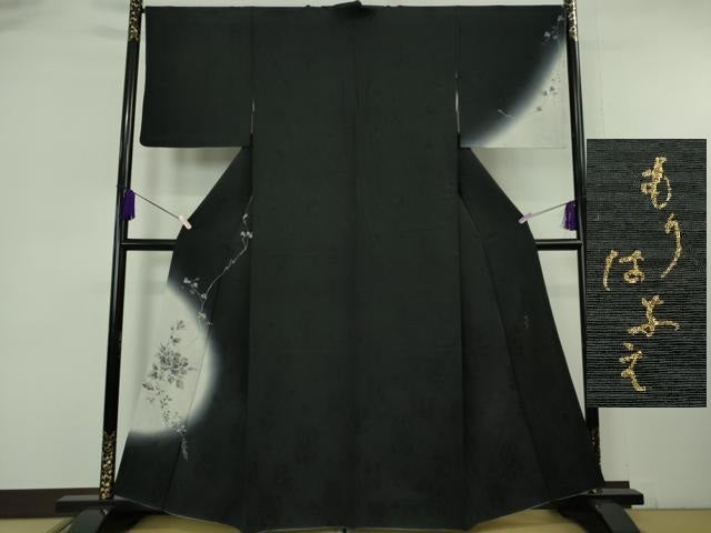 平和屋着物●極上　森英恵・HANAE MORI　訪問着　蔦の葉花文　暈し染め　黒地　逸品　DZAB6965kh6