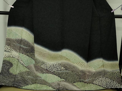 平和屋着物●極上　中国三大刺繍　相良刺繍　訪問着　重ね山花文　暈し染め　黒地　銀通し地　逸品　DZAB6966kh6