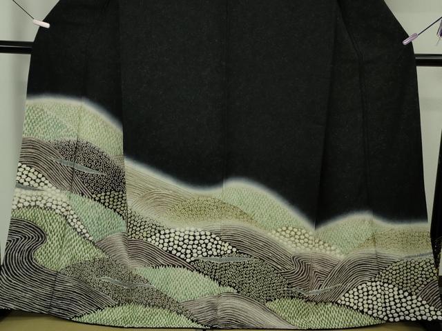 平和屋着物●極上　中国三大刺繍　相良刺繍　訪問着　重ね山花文　暈し染め　黒地　銀通し地　逸品　DZAB6966kh6