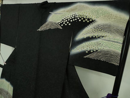 平和屋着物●極上　中国三大刺繍　相良刺繍　訪問着　重ね山花文　暈し染め　黒地　銀通し地　逸品　DZAB6966kh6