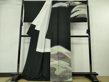 平和屋着物●極上　中国三大刺繍　相良刺繍　訪問着　重ね山花文　暈し染め　黒地　銀通し地　逸品　DZAB6966kh6