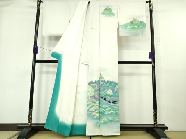 平和屋本店●極上　訪問着　馬車　お城　象牙色地　暈し染め　銀彩　逸品　DZAB6968kh6