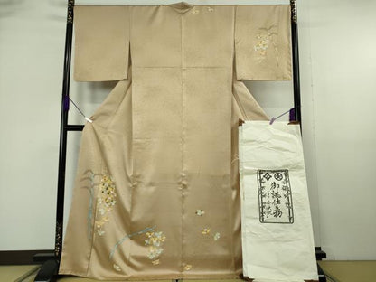 平和屋本店●極上　訪問着　刺繍　草花　木賊　濃い棒色地　金彩　小大丸扱い　たとう紙付き　逸品　未使用　DZAB6969kh6