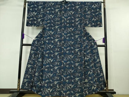 平和屋本店●極上　浦野理一　型染　小紋　草花文　鬼しぼ縮緬　留紺色地　逸品　DZAB6970kh6