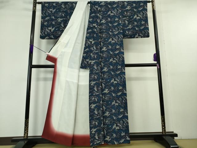 平和屋本店●極上　浦野理一　型染　小紋　草花文　鬼しぼ縮緬　留紺色地　逸品　DZAB6970kh6