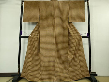 平和屋本店●極上　綿紬　格子　香染色地　綿　逸品　DZAB6972kh6