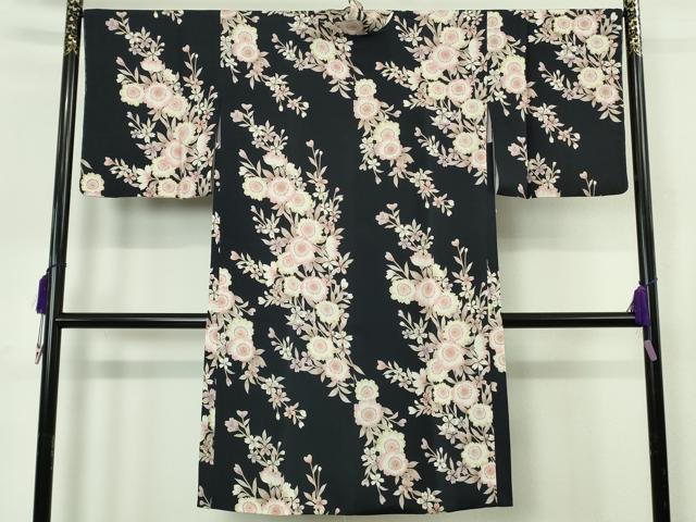 平和屋本店∞極上　道中着　ロング丈　枝垂れ桜　濃紺地　鬼しぼ縮緬　反端付き　逸品　未使用　DZAB6984kh6