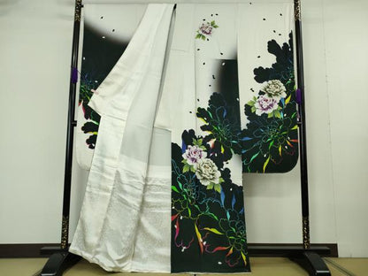 平和屋本店●極上　振袖　牡丹　暈し染め　黒地　金彩　銀通し地　逸品　DZAB6991kh6