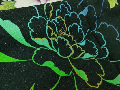 平和屋本店●極上　振袖　牡丹　暈し染め　黒地　金彩　銀通し地　逸品　DZAB6991kh6