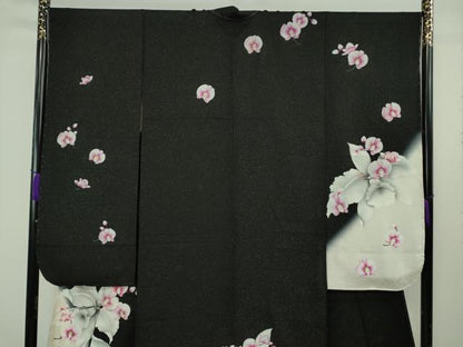 平和屋着物●極上　振袖　胡蝶蘭　暈し染め　黒地　金糸　銀通し地　逸品　未使用　DZAB6992kh6