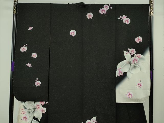 平和屋着物●極上　振袖　胡蝶蘭　暈し染め　黒地　金糸　銀通し地　逸品　未使用　DZAB6992kh6