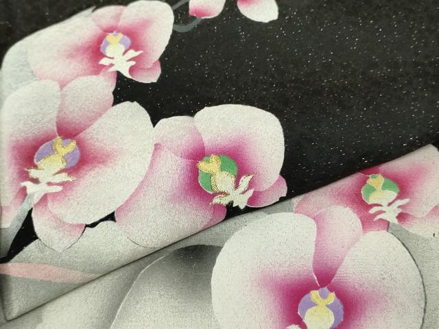 平和屋着物●極上　振袖　胡蝶蘭　暈し染め　黒地　金糸　銀通し地　逸品　未使用　DZAB6992kh6
