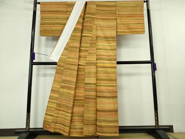 平和屋本店▽極上　郡上紬　草木染　単衣　横段文　逸品　DZAB6993kh6