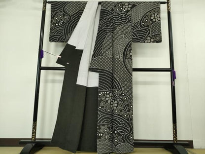 平和屋本店●極上　中国三大刺繍　スワトウ刺繍　刺し子　刺繍　訪問着　絞り　名物裂　黒地　さが美扱い　逸品　未使用　DZAB6994kh6