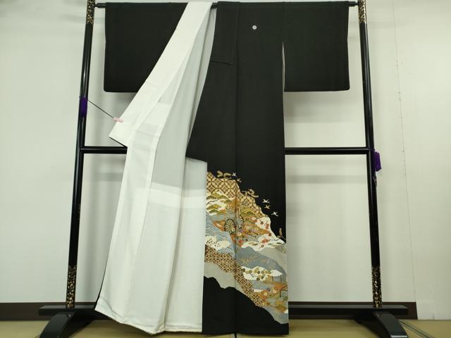 平和屋本店●極上　創業460年・千總　黒留袖　駒刺繍　御所車風景花鳥文　金彩　逸品　DZAB6995kh6