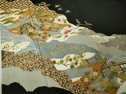 平和屋本店●極上　創業460年・千總　黒留袖　駒刺繍　御所車風景花鳥文　金彩　逸品　DZAB6995kh6
