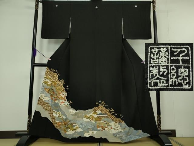 平和屋本店●極上　創業460年・千總　黒留袖　駒刺繍　御所車風景花鳥文　金彩　逸品　DZAB6995kh6