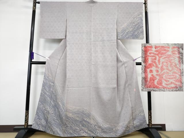 平和屋本店●極上　名門　藤娘きぬたや・総絞り　訪問着　流水文　牡丹鼠色地　暈し染め　逸品　DZAB7000kh6